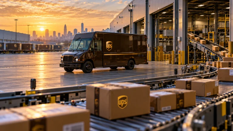 Furgone marrone UPS e pacchi su un nastro di smistamento in un centro logistico illuminato all’alba.