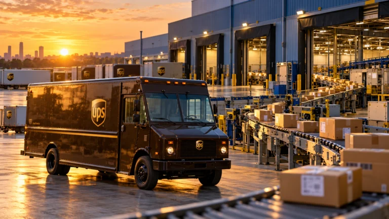 Furgone UPS davanti a un centro logistico con nastri per pacchi, rappresentazione della rete di consegne.