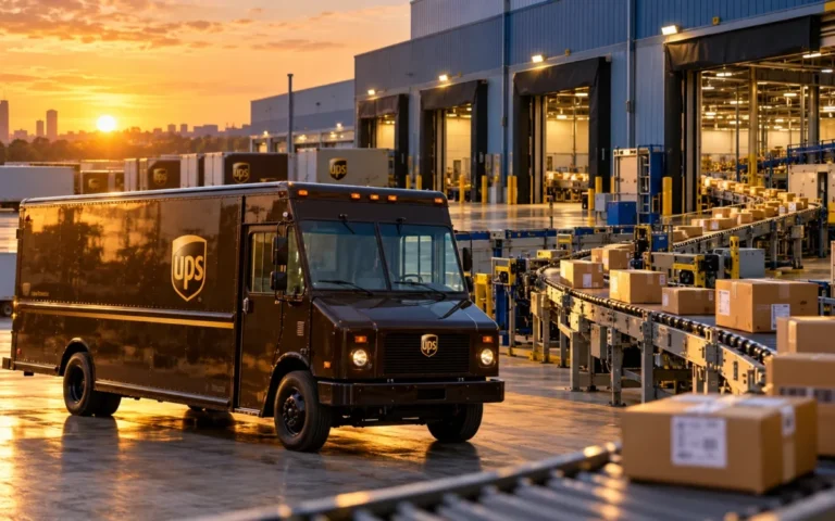 Furgone UPS davanti a un centro logistico con nastri per pacchi, rappresentazione della rete di consegne.