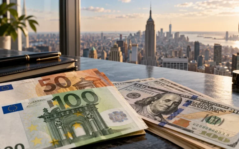 Banconote in euro e dollari su una scrivania, con lo skyline di New York sullo sfondo.