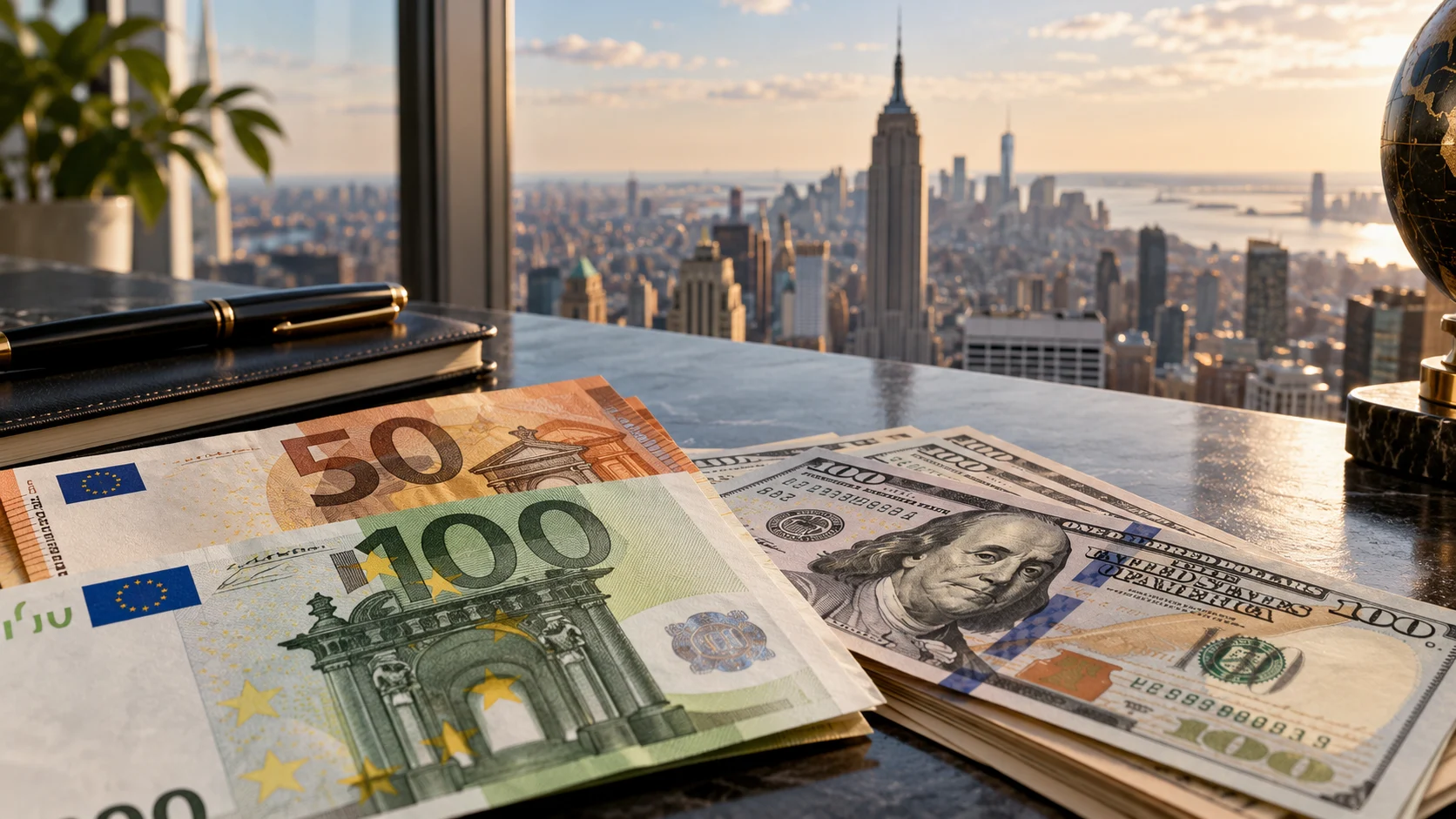 Banconote in euro e dollari su una scrivania, con lo skyline di New York sullo sfondo.