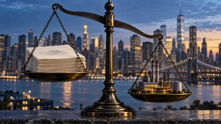 Illustrazione generata con IA: bilancia con documenti obbligazionari e modelli industriali sullo sfondo di New York.