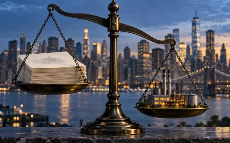 Illustrazione generata con IA: bilancia con documenti obbligazionari e modelli industriali sullo sfondo di New York.