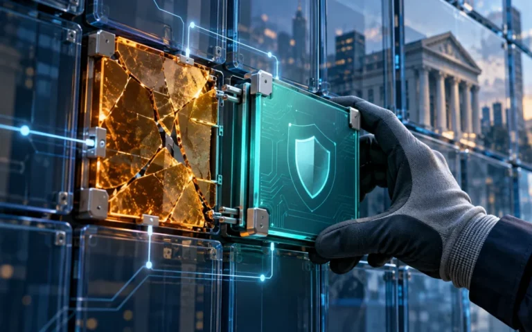 Illustrazione di moduli software con una componente vulnerabile sostituita da una patch, davanti a un edificio bancario.