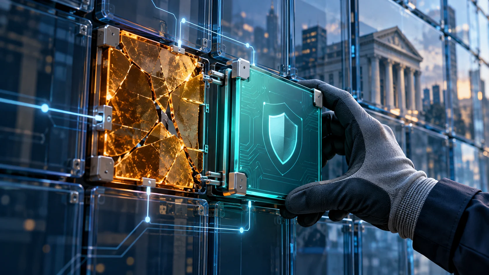 Illustrazione di moduli software con una componente vulnerabile sostituita da una patch, davanti a un edificio bancario.