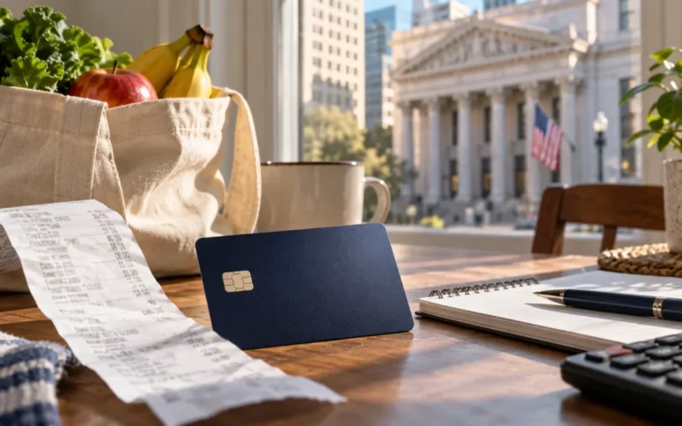 Carta di credito, scontrino e bilancio familiare accanto a una borsa della spesa, con una banca sullo sfondo.