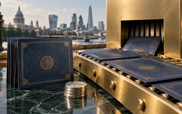 Illustrazione del riacquisto e annullamento di azioni, con certificati e monete sullo sfondo di Londra