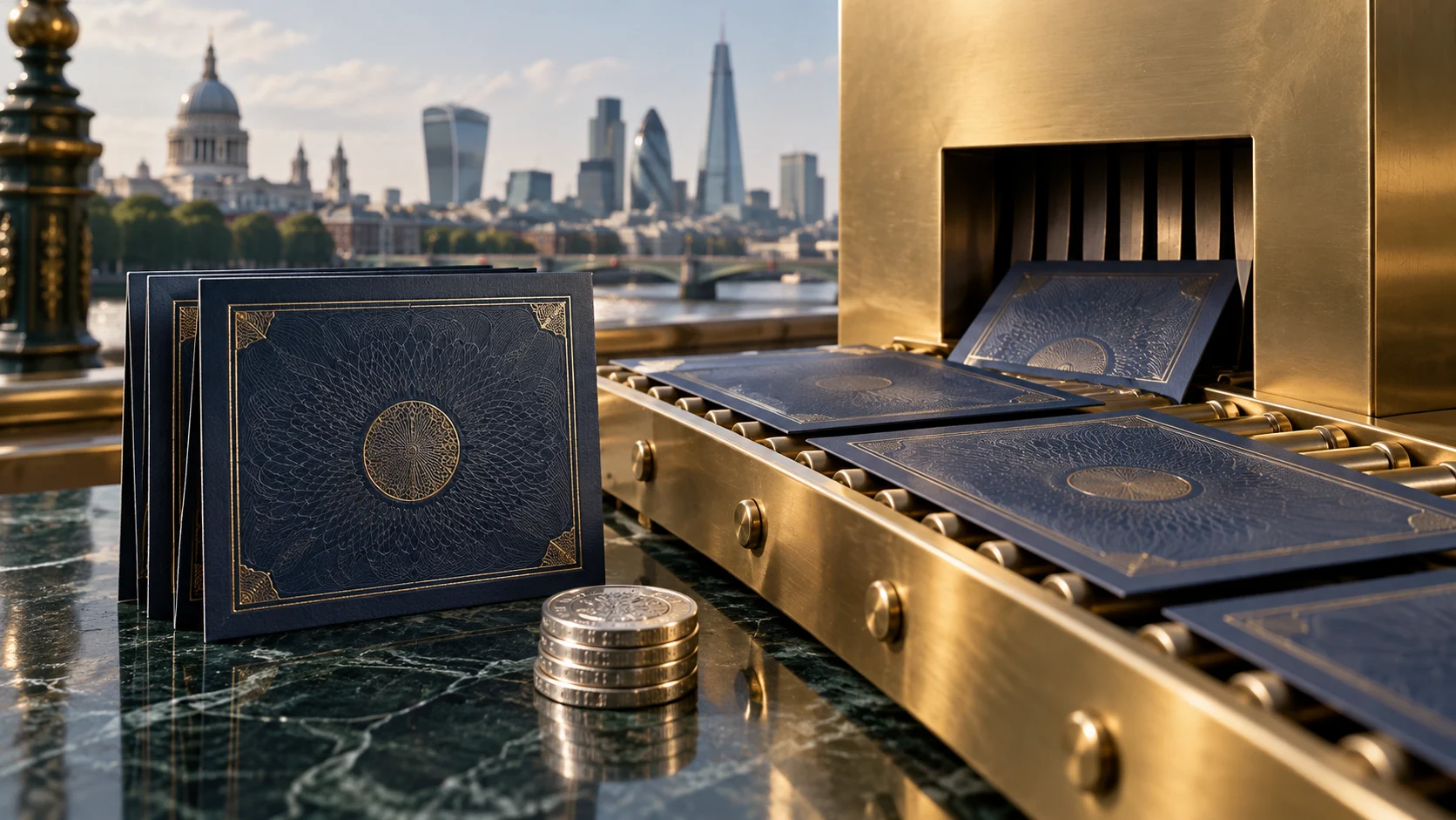 Illustrazione del riacquisto e annullamento di azioni, con certificati e monete sullo sfondo di Londra