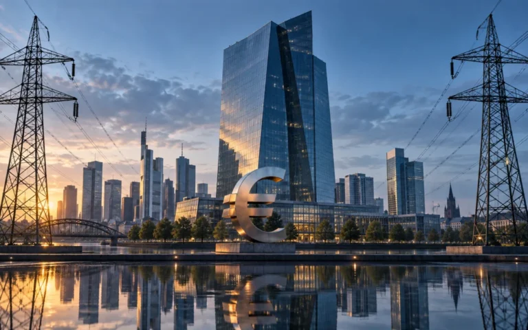 Illustrazione dello skyline di Francoforte, infrastrutture elettriche e simbolo dell’euro