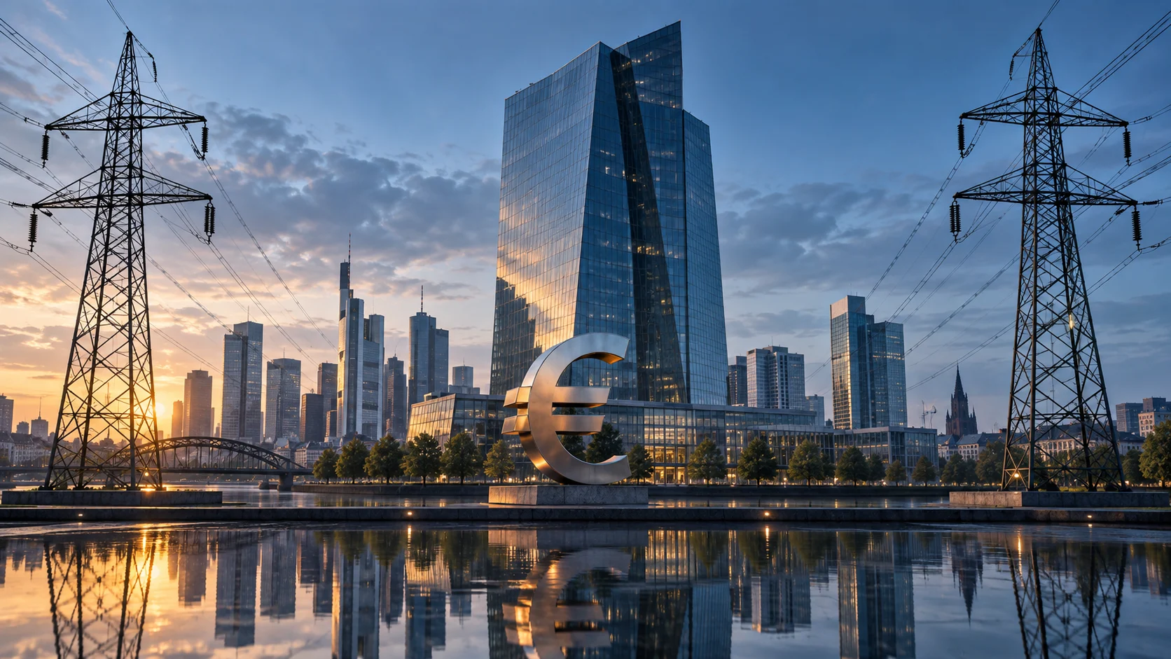 Illustrazione dello skyline di Francoforte, infrastrutture elettriche e simbolo dell’euro