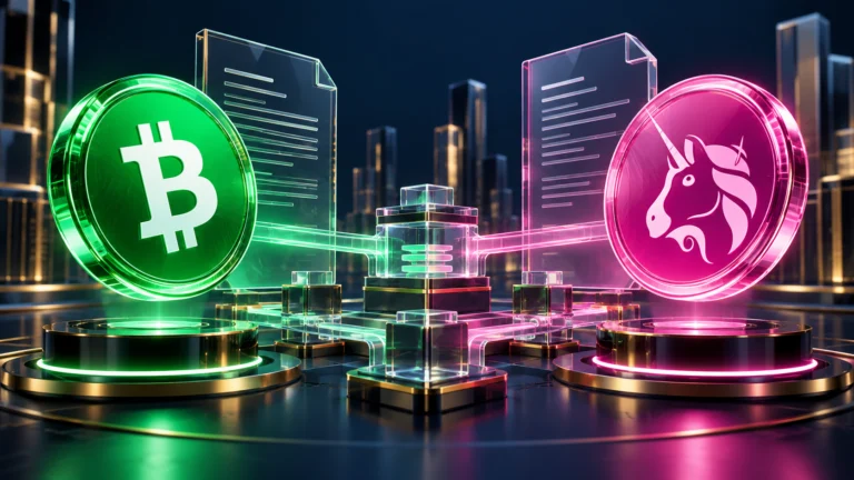 Due token simbolici verde e rosa per Bitcoin Cash e Uniswap accanto a contratti trasparenti in un ambiente di borsa