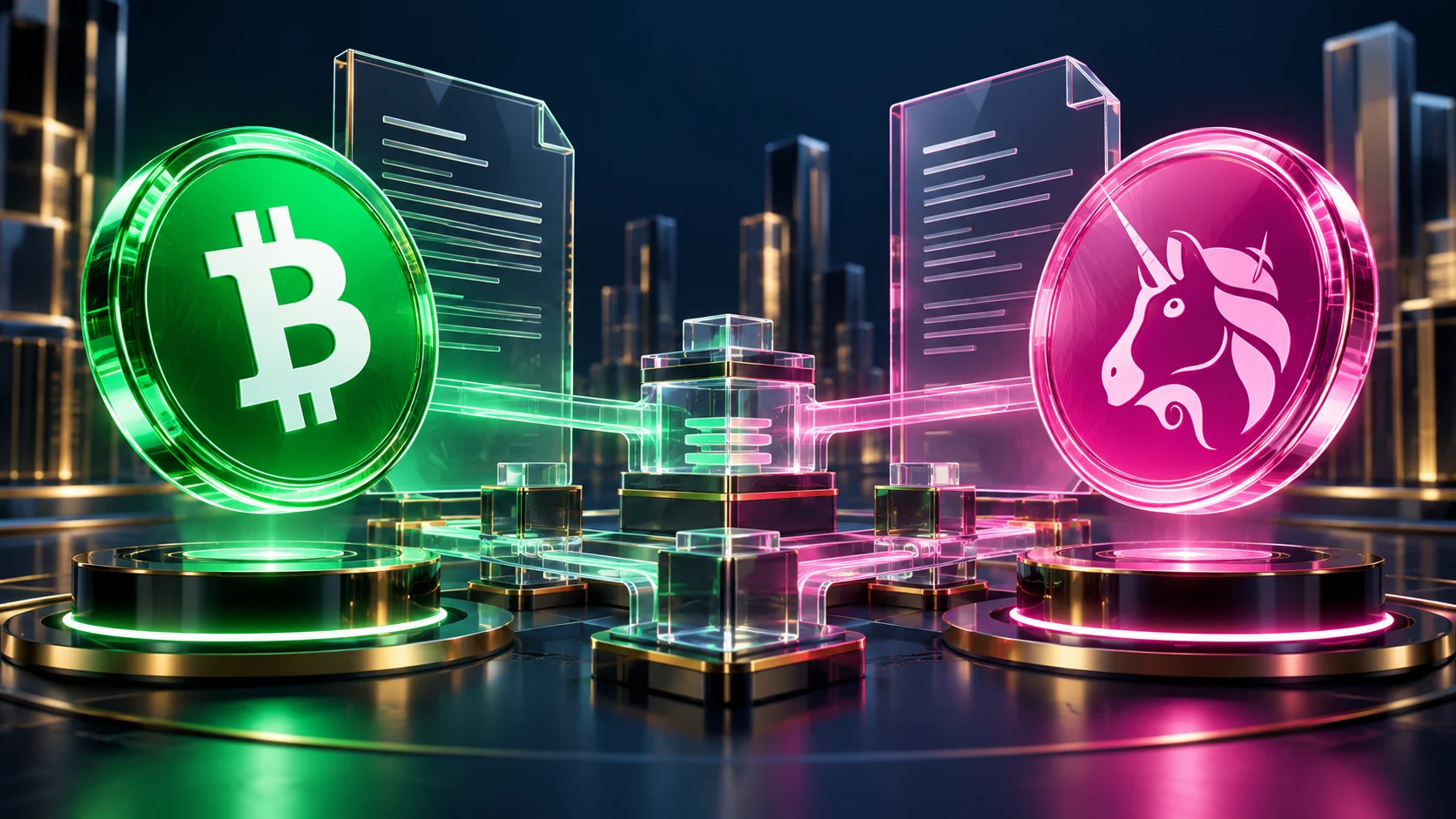 Due token simbolici verde e rosa per Bitcoin Cash e Uniswap accanto a contratti trasparenti in un ambiente di borsa