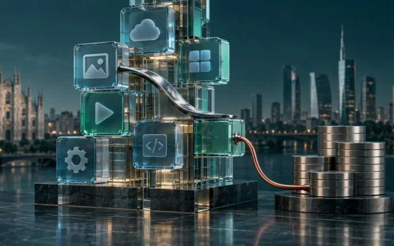 Illustrazione di moduli software collegati da un cucchiaio curvo, con elementi metallici che rappresentano il capitale per le acquisizioni.
