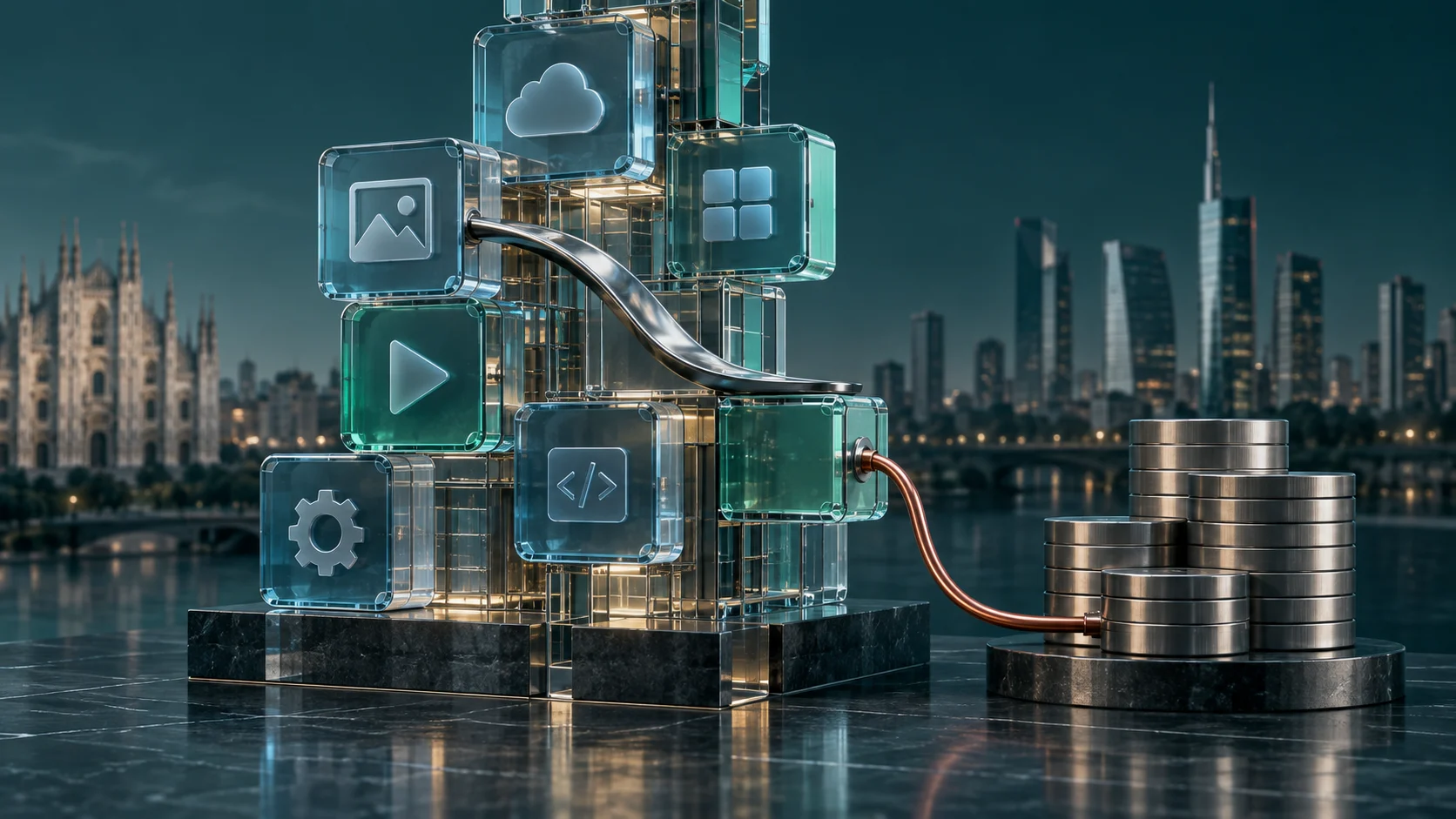 Illustrazione di moduli software collegati da un cucchiaio curvo, con elementi metallici che rappresentano il capitale per le acquisizioni.