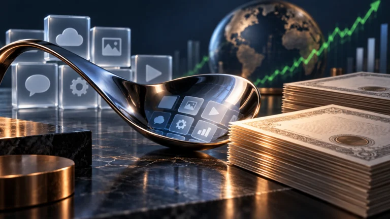 Cucchiaio metallico curvo accanto a moduli digitali e certificati azionari, con una linea di mercato sullo sfondo
