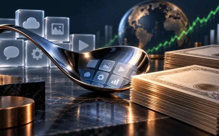 Cucchiaio metallico curvo accanto a moduli digitali e certificati azionari, con una linea di mercato sullo sfondo
