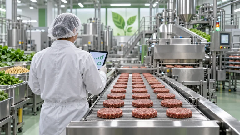 Illustrazione generata con IA: controllo operativo su una linea di produzione di burger vegetali.