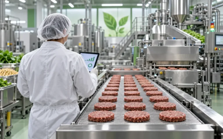 Illustrazione generata con IA: controllo operativo su una linea di produzione di burger vegetali.