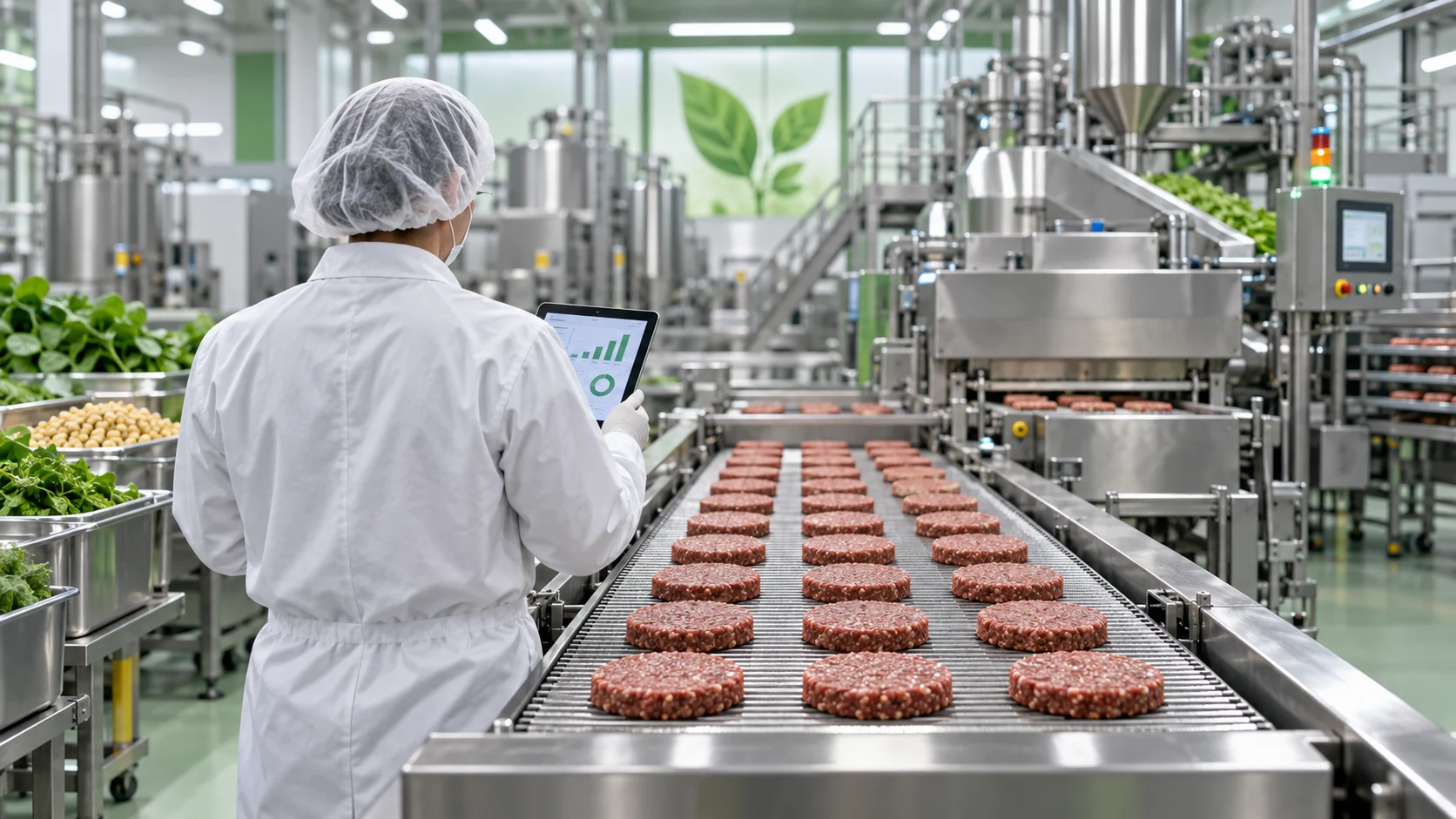 Illustrazione generata con IA: controllo operativo su una linea di produzione di burger vegetali.