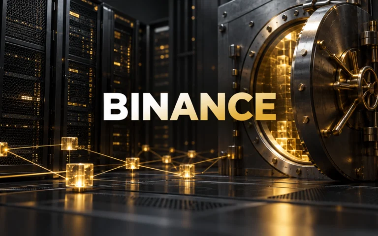 Nome Binance in evidenza davanti a server e a una cassaforte digitale, simboli della sicurezza dei fondi.