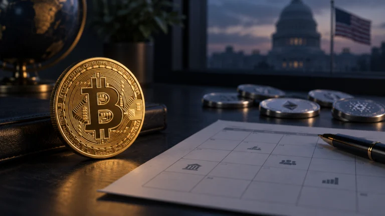 Moneta simbolica di Bitcoin accanto a un calendario economico e a piccoli gettoni sullo sfondo