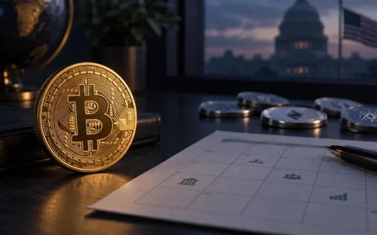 Moneta simbolica di Bitcoin accanto a un calendario economico e a piccoli gettoni sullo sfondo
