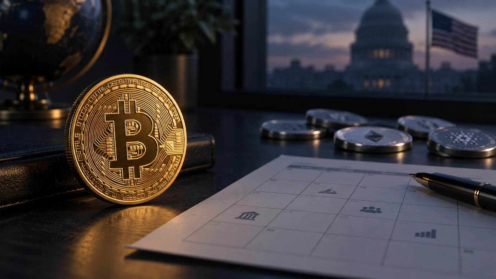Moneta simbolica di Bitcoin accanto a un calendario economico e a piccoli gettoni sullo sfondo