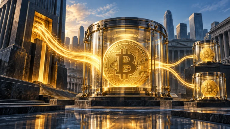 Bitcoin dorato in una struttura di vetro con flussi luminosi che rappresentano la raccolta degli ETF