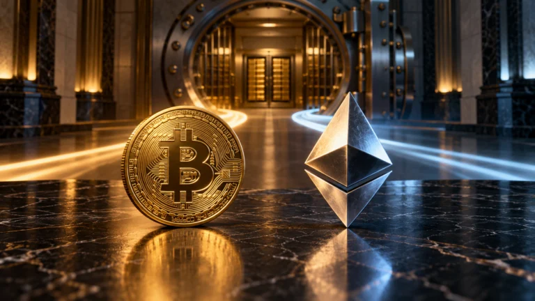 Simboli di Bitcoin ed Ethereum su una scrivania con illuminazione dorata e blu