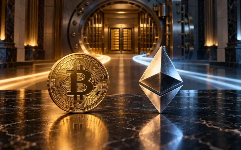 Simboli di Bitcoin ed Ethereum su una scrivania con illuminazione dorata e blu