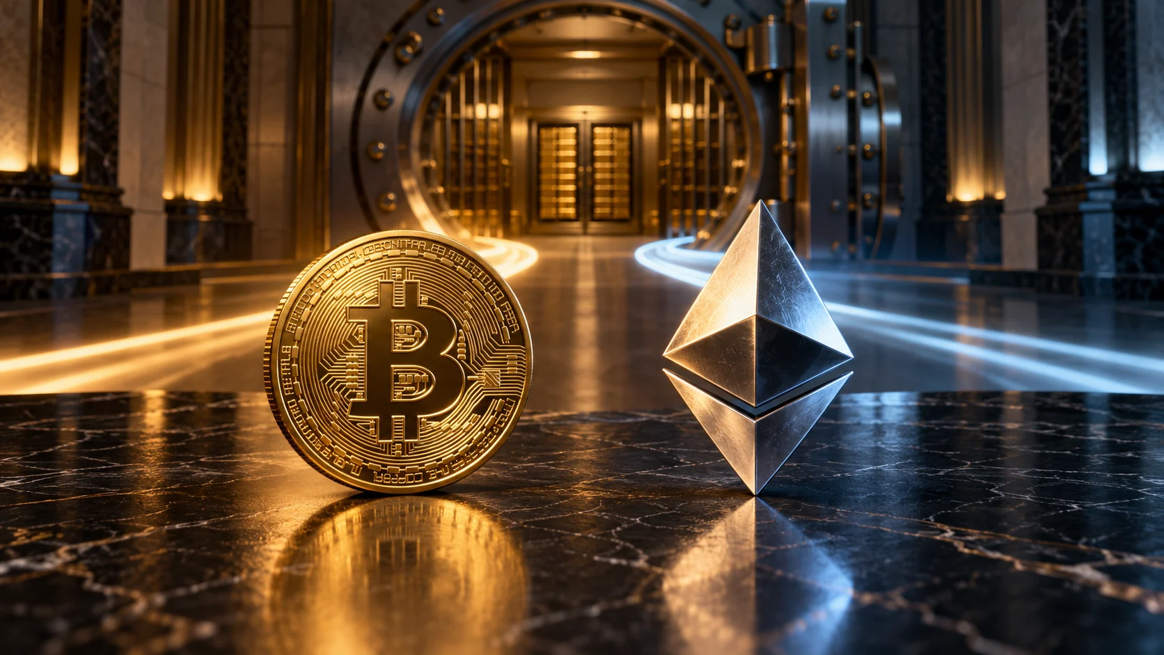 Simboli di Bitcoin ed Ethereum su una scrivania con illuminazione dorata e blu
