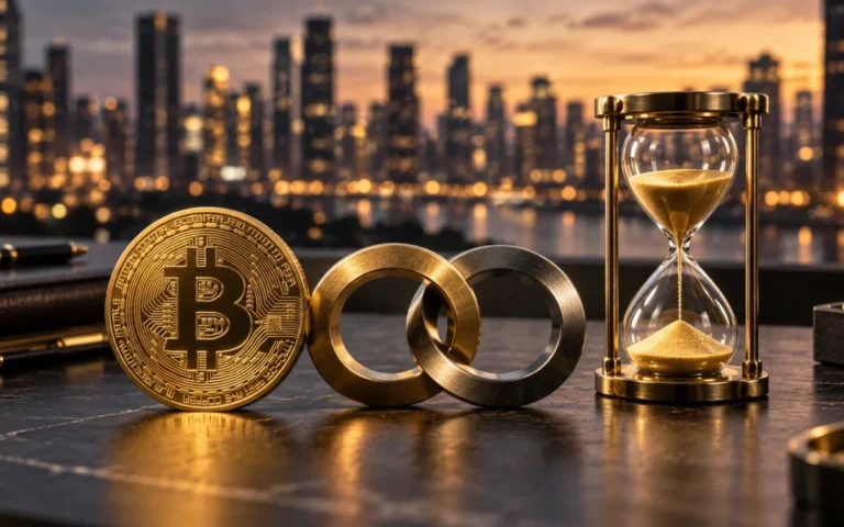 Simbolo Bitcoin accanto a due anelli metallici collegati e una clessidra