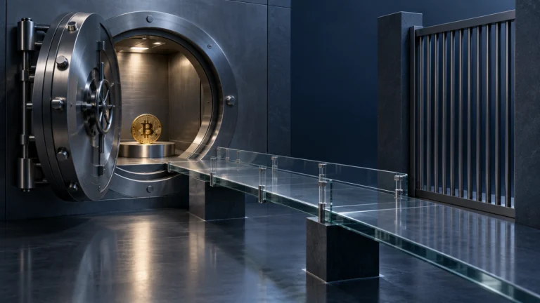 Illustrazione di una moneta Bitcoin in un caveau e di un ponte verso un cancello chiuso