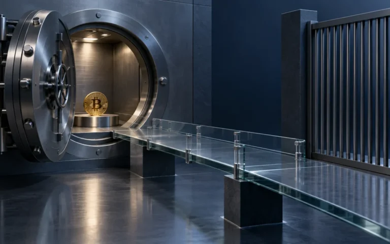 Illustrazione di una moneta Bitcoin in un caveau e di un ponte verso un cancello chiuso