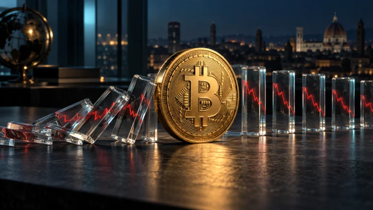 Illustrazione concettuale di Bitcoin e blocchi a domino: il rischio delle liquidazioni a leva