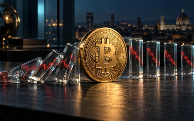 Illustrazione concettuale di Bitcoin e blocchi a domino: il rischio delle liquidazioni a leva