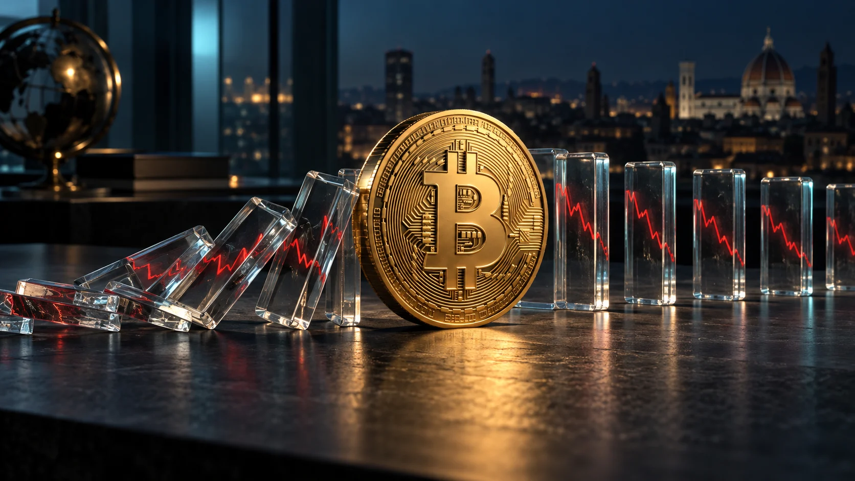 Illustrazione concettuale di Bitcoin e blocchi a domino: il rischio delle liquidazioni a leva