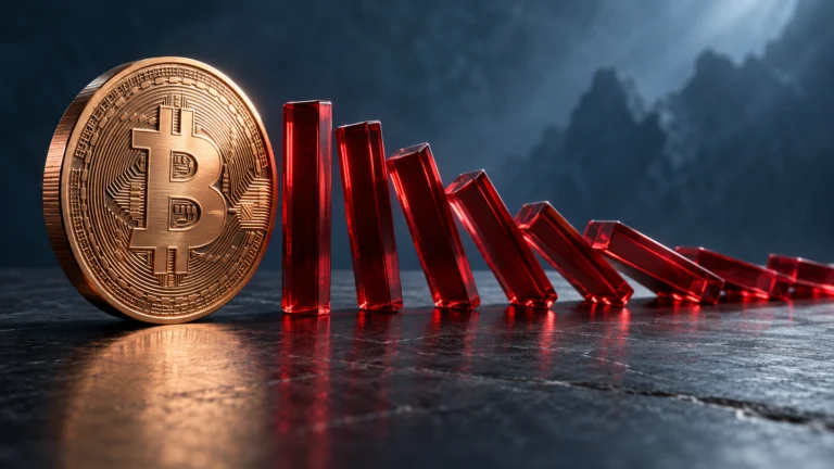 Illustrazione di una moneta Bitcoin accanto a blocchi rossi che cadono come domino, simbolo delle liquidazioni a leva.