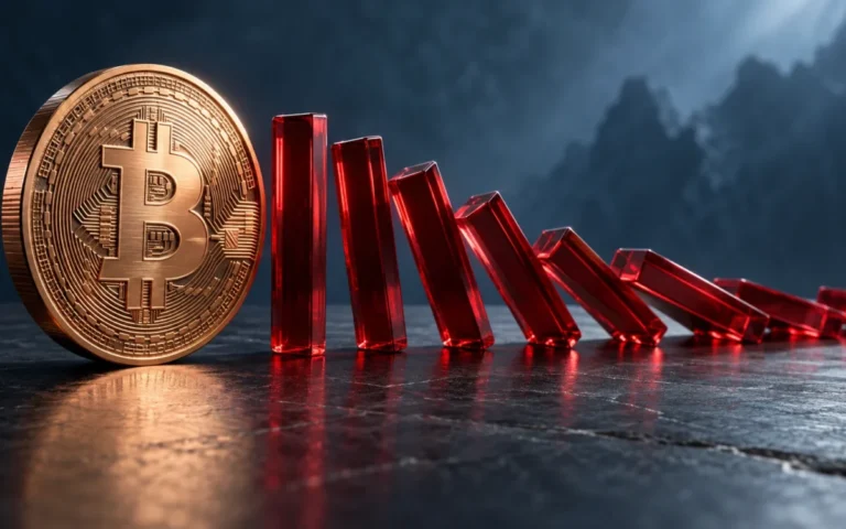 Illustrazione di una moneta Bitcoin accanto a blocchi rossi che cadono come domino, simbolo delle liquidazioni a leva.