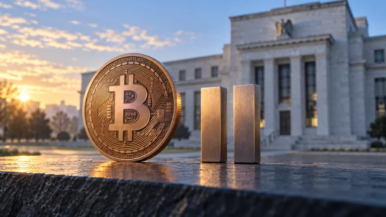 Illustrazione generata con IA: simbolo Bitcoin e segno di pausa davanti a un edificio di banca centrale simbolico.