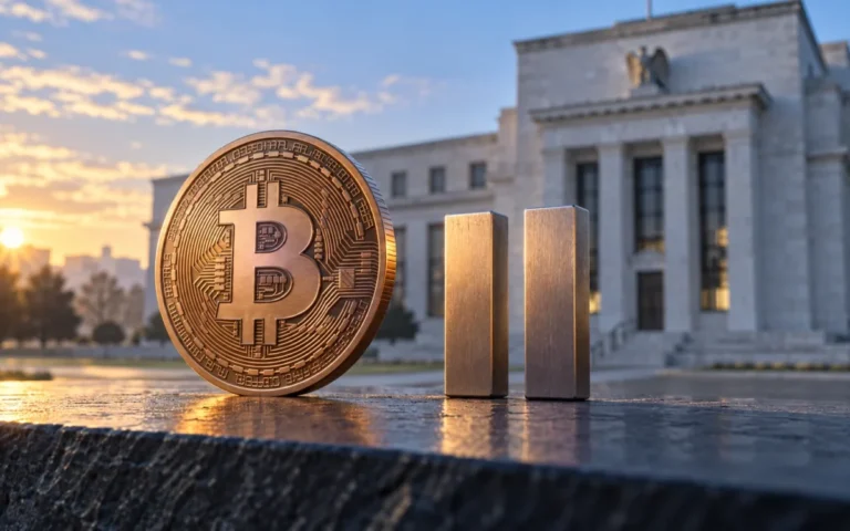 Illustrazione generata con IA: simbolo Bitcoin e segno di pausa davanti a un edificio di banca centrale simbolico.