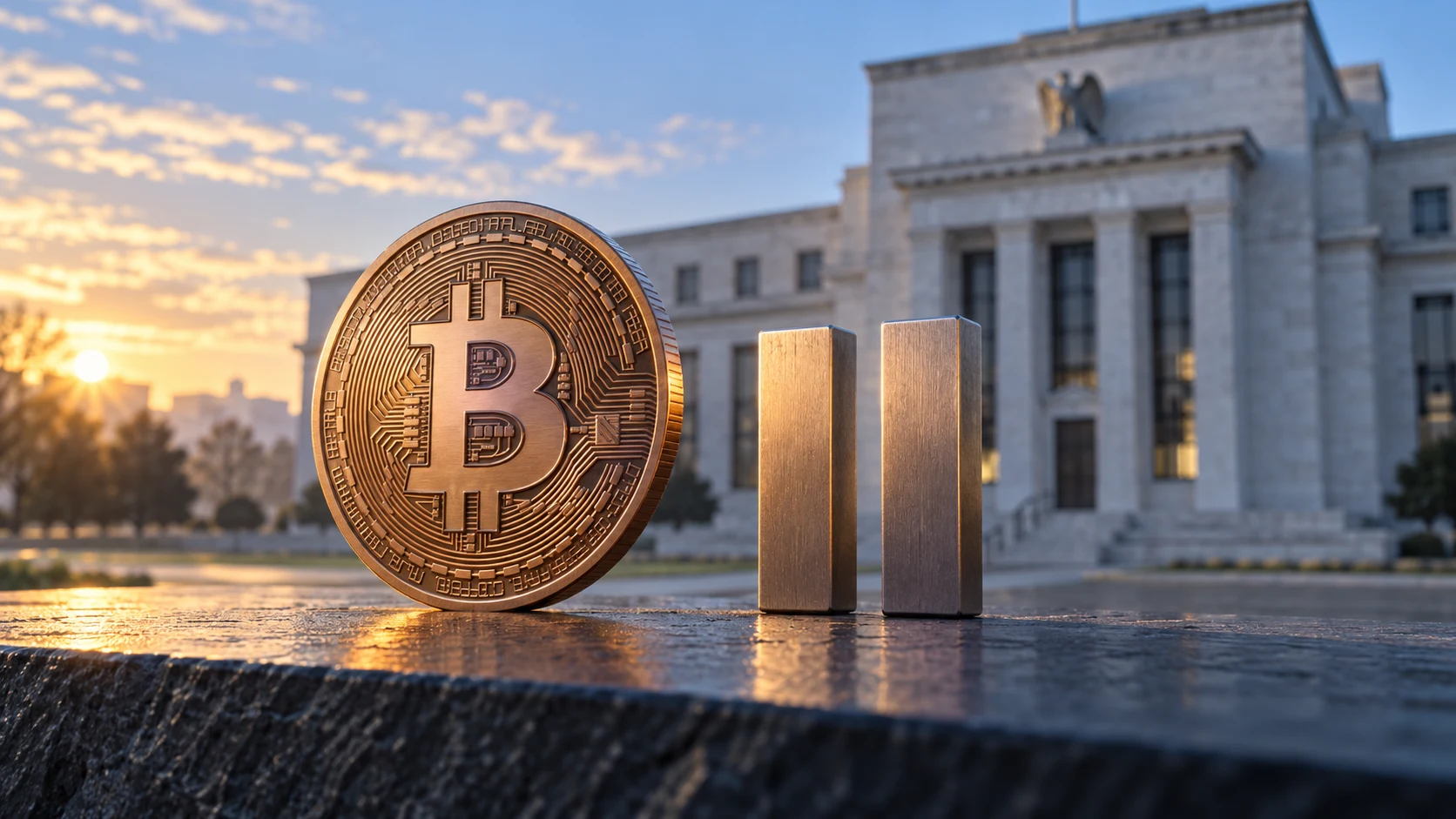 Illustrazione generata con IA: simbolo Bitcoin e segno di pausa davanti a un edificio di banca centrale simbolico.