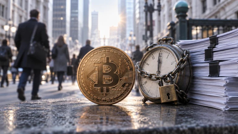 Illustrazione generata con IA: moneta Bitcoin, orologio e documenti sul lavoro, con pendolari sullo sfondo.