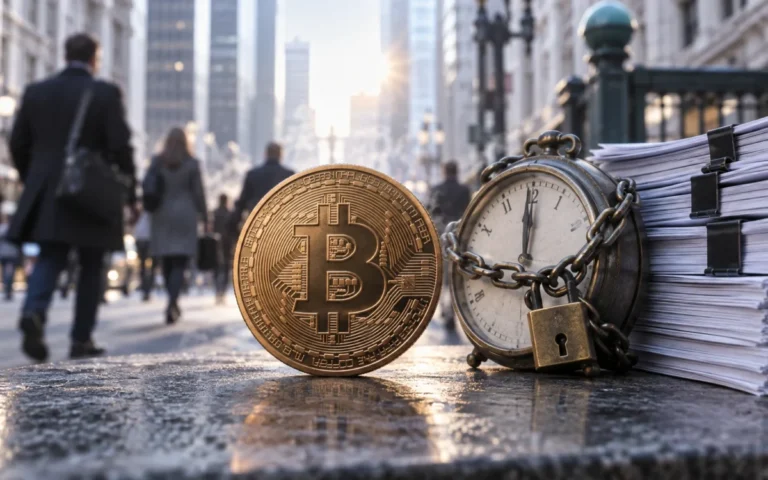 Illustrazione generata con IA: moneta Bitcoin, orologio e documenti sul lavoro, con pendolari sullo sfondo.