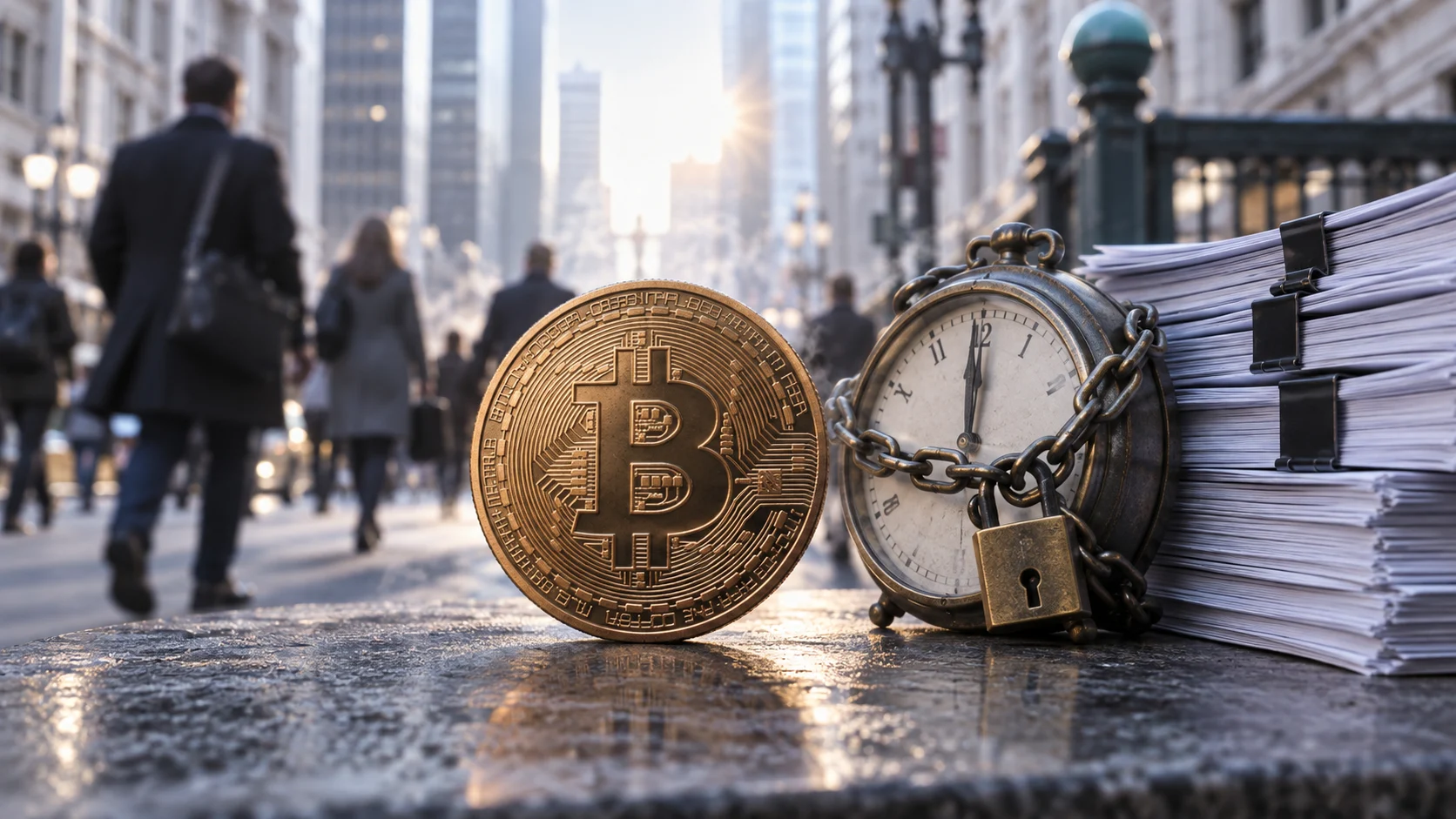 Illustrazione generata con IA: moneta Bitcoin, orologio e documenti sul lavoro, con pendolari sullo sfondo.
