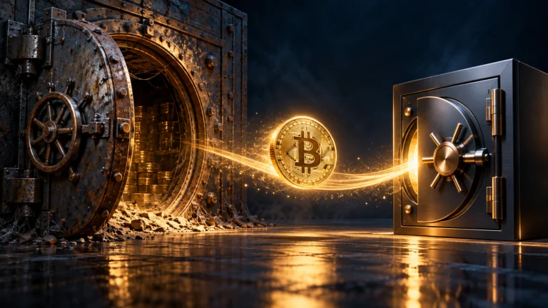 Una moneta Bitcoin luminosa tra una vecchia cassaforte aperta e una cassaforte moderna