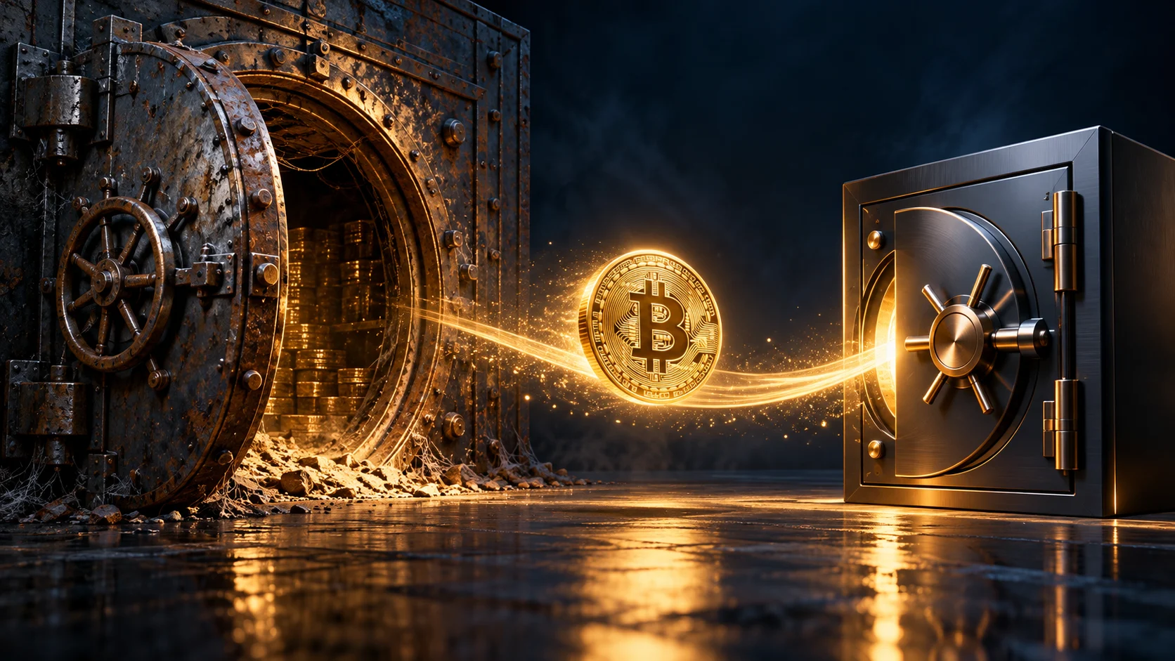 Una moneta Bitcoin luminosa tra una vecchia cassaforte aperta e una cassaforte moderna