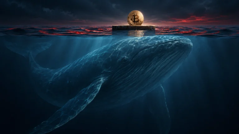 Illustrazione concettuale di una grande balena sotto una piattaforma con Bitcoin, tra onde blu e riflessi rossi.