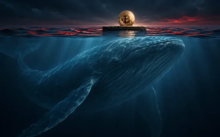 Illustrazione concettuale di una grande balena sotto una piattaforma con Bitcoin, tra onde blu e riflessi rossi.