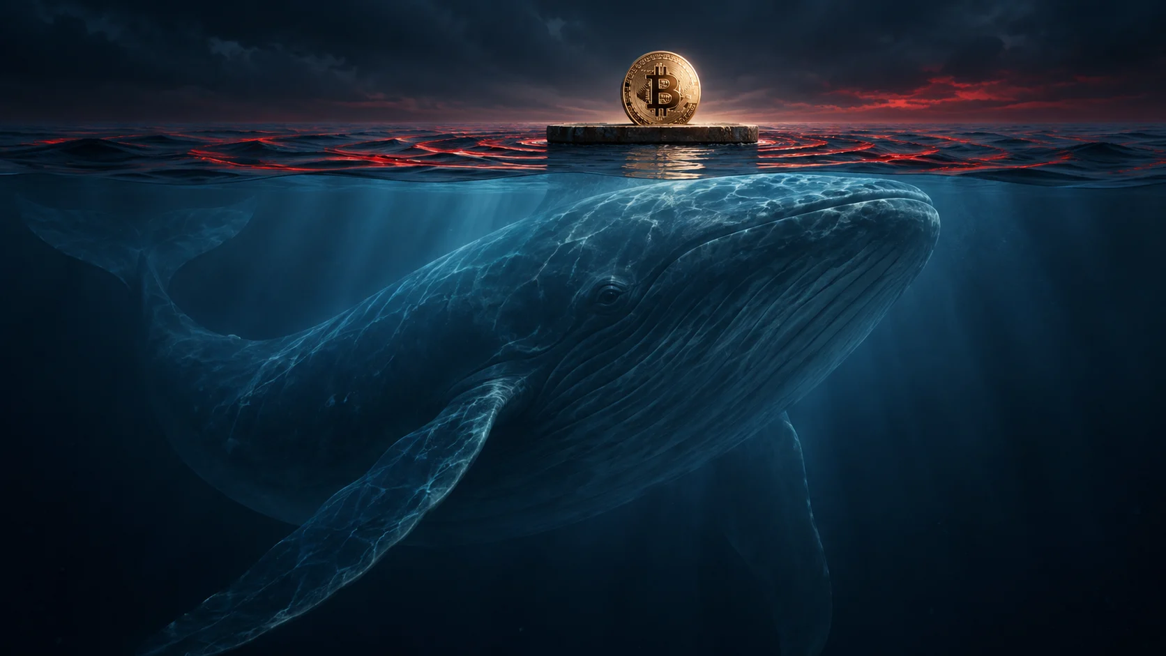 Illustrazione concettuale di una grande balena sotto una piattaforma con Bitcoin, tra onde blu e riflessi rossi.